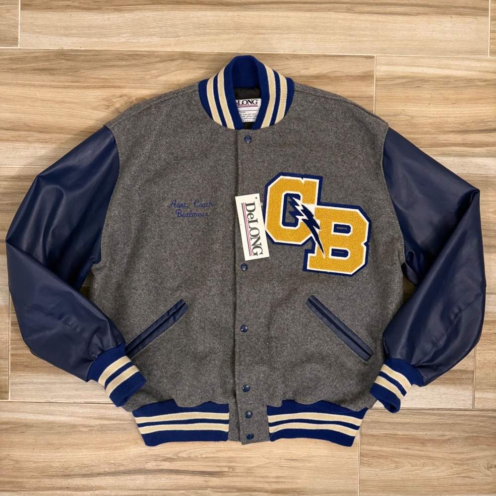 Vintage DeLONG Cypress Bay Varsity Jacket XL Grey Blue Inaugural Season NWT USA
